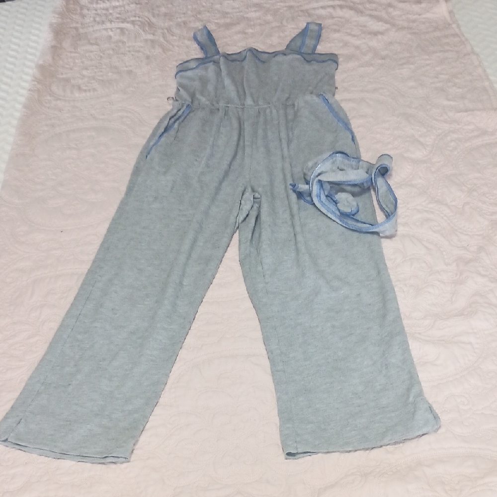Anthropologie Light Gray Wide-Leg Jumpsuit with Blue Trim